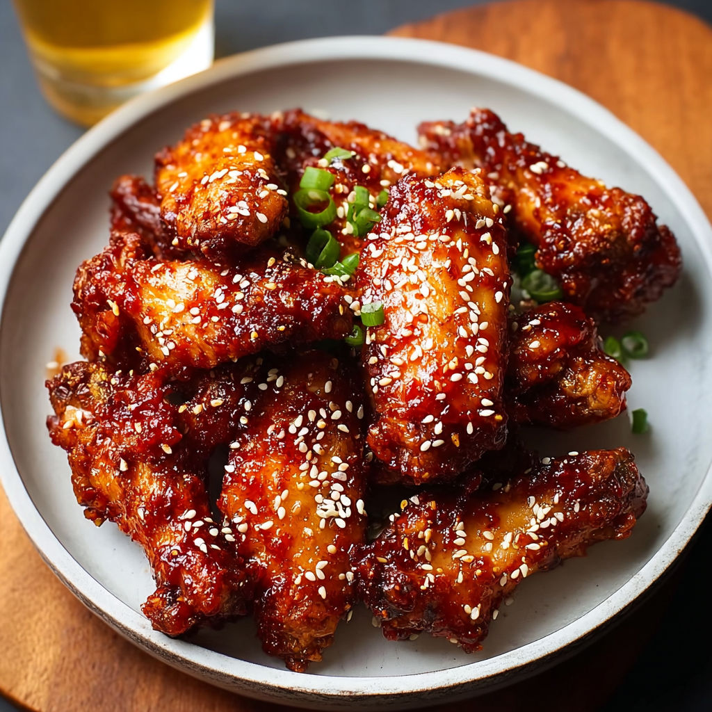 A plate of spicy Korean chicken wings.