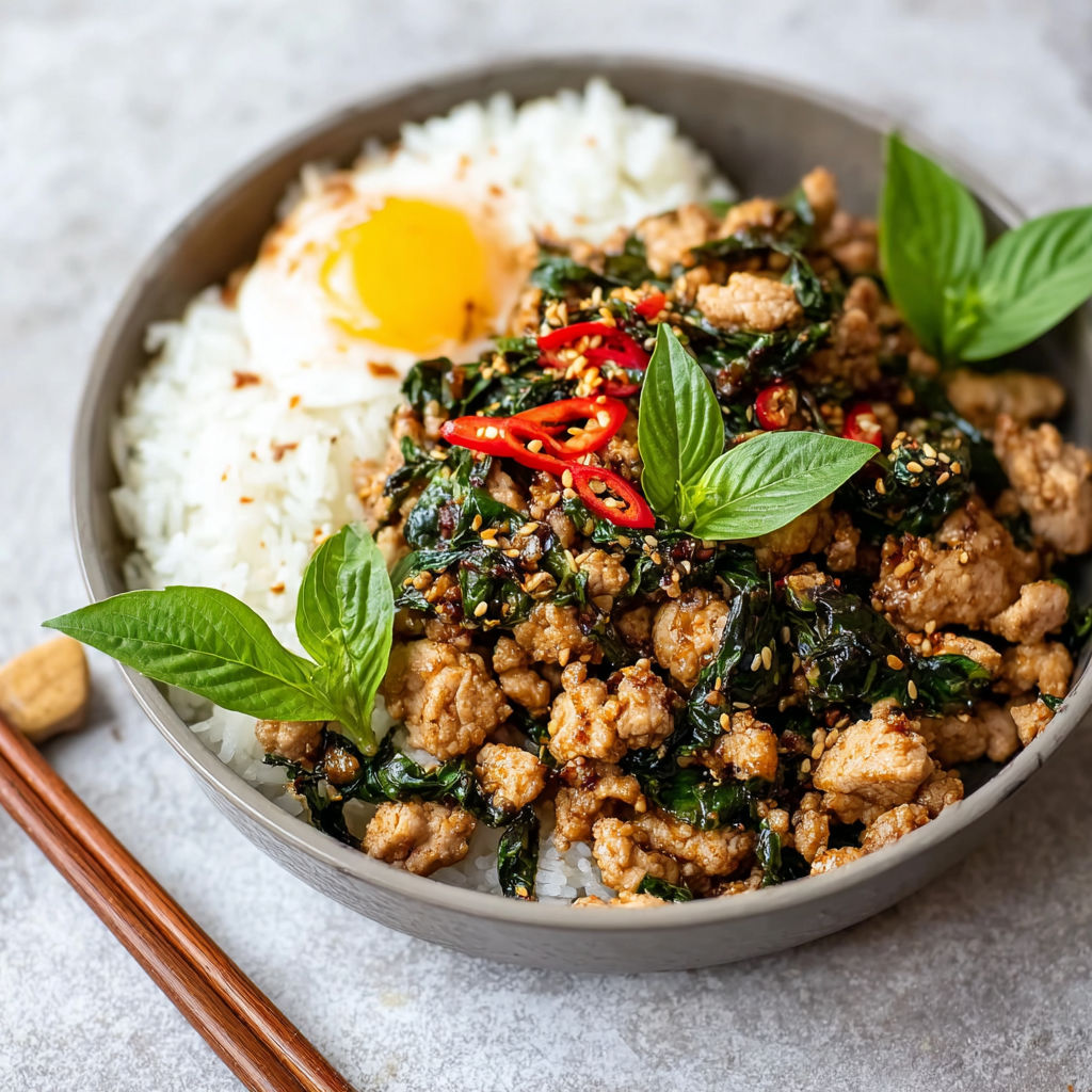 A bowl of Thai Basil Chicken.