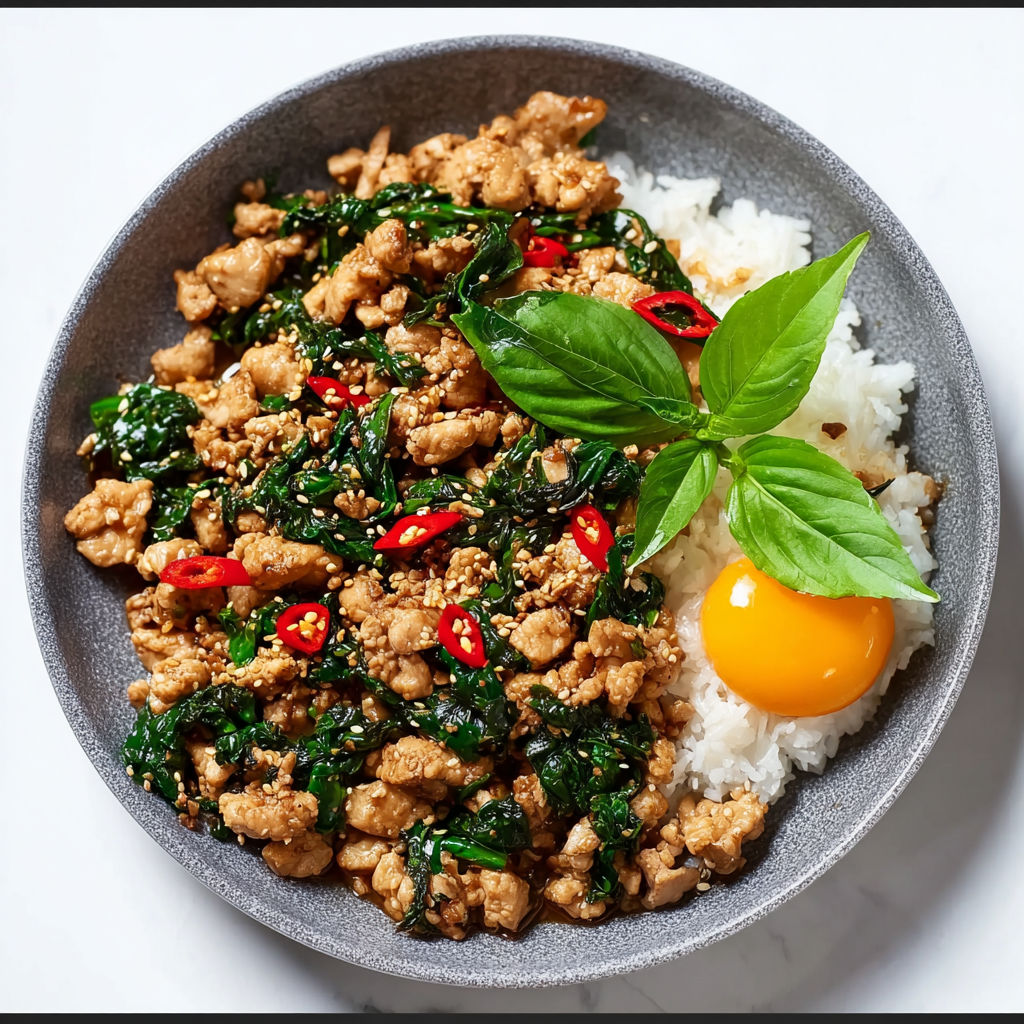 A bowl of Thai Basil Chicken with rice and a green leaf.