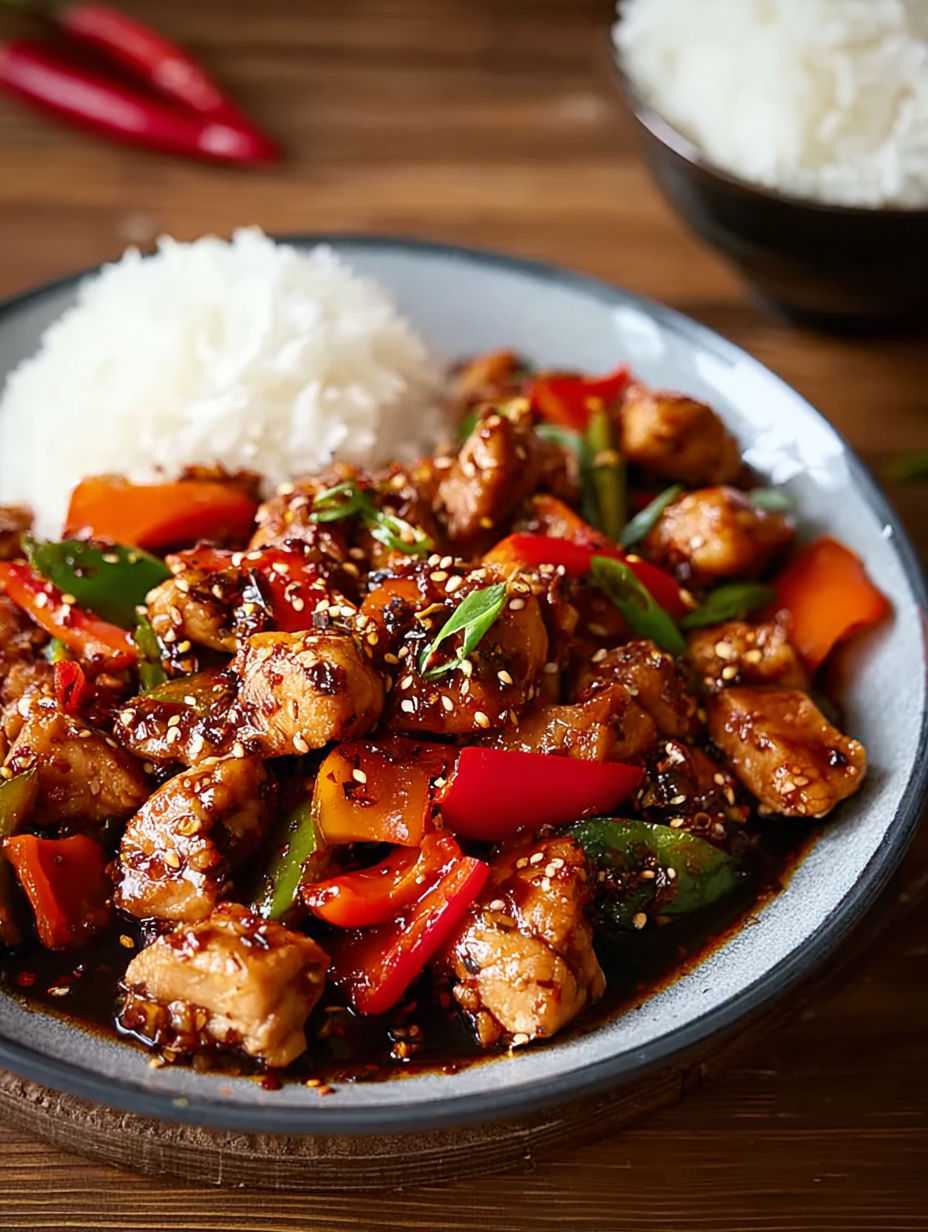 A plate of spicy Szechuan chicken with rice and vegetables.