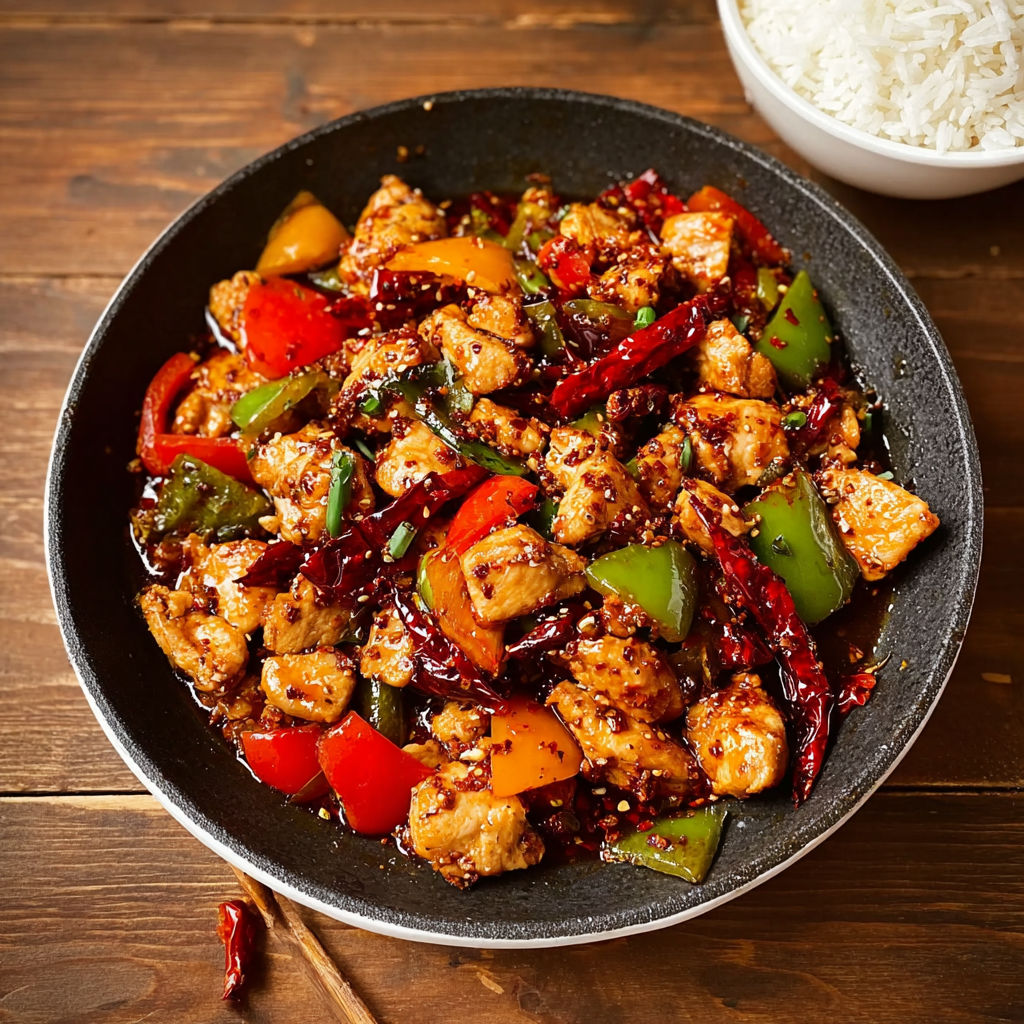 A plate of spicy Szechuan chicken.
