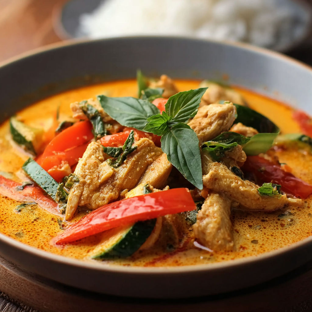 A bowl of red curry chicken with vegetables.