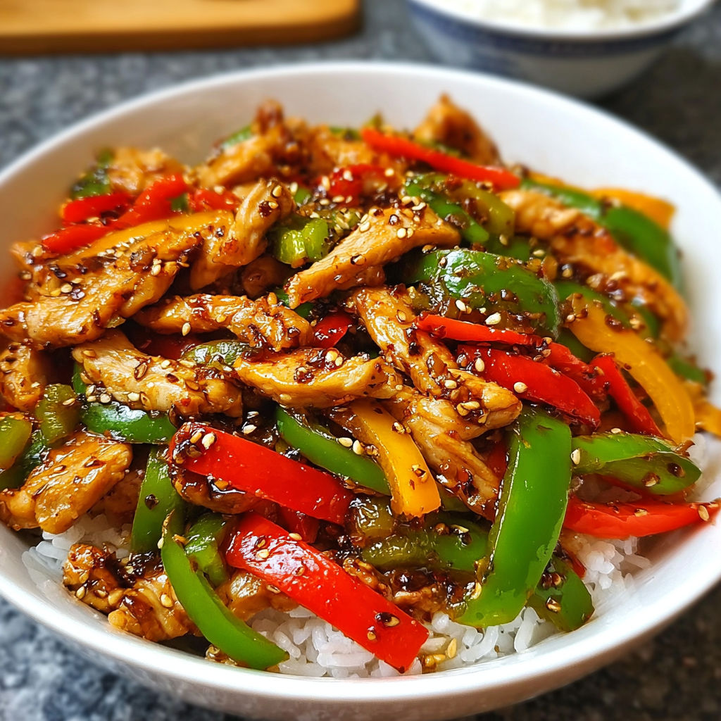 A bowl of stir fry with peppers and chicken.