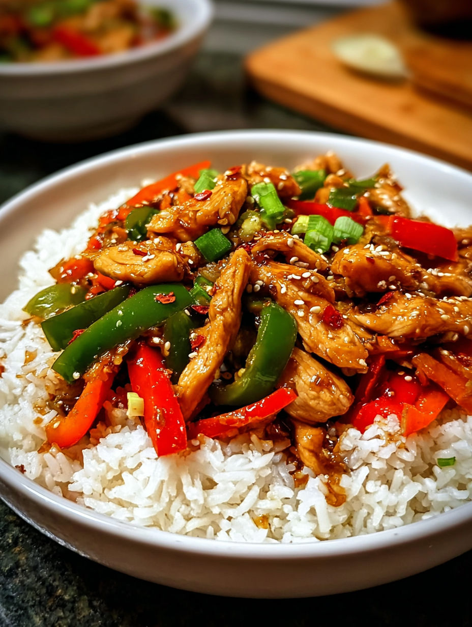 A white bowl filled with rice and chicken.