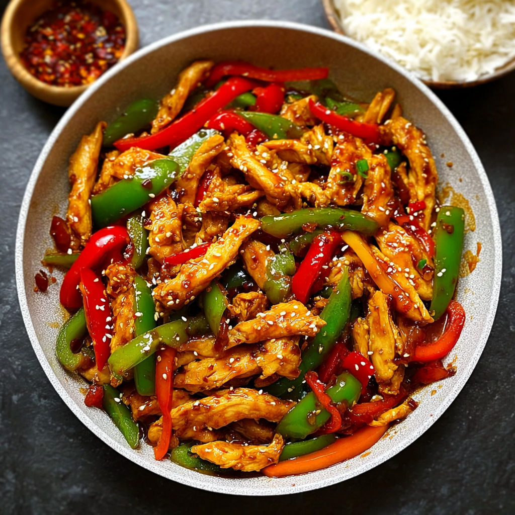 A bowl of chicken stir fry with peppers and onions.