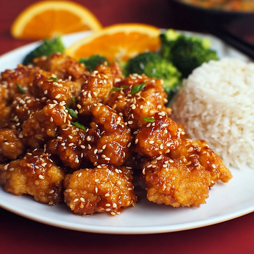 A plate of Sweet and Spicy Orange Chicken.