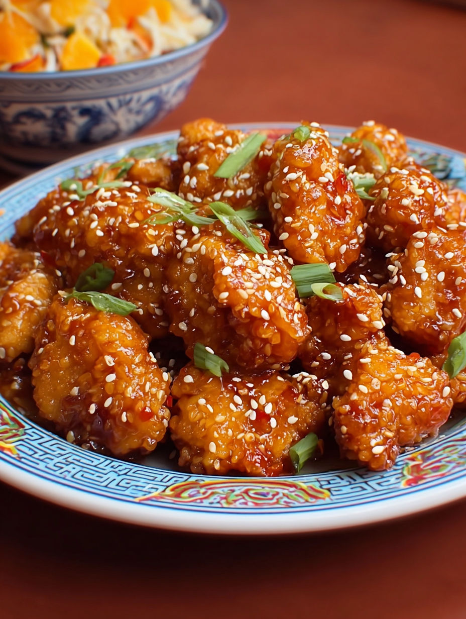 A plate of sweet and spicy orange chicken.
