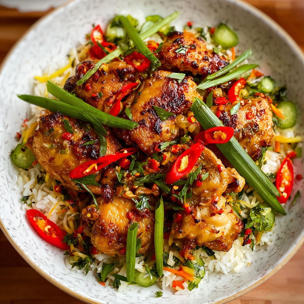 A plate of spicy lemongrass chicken with rice.
