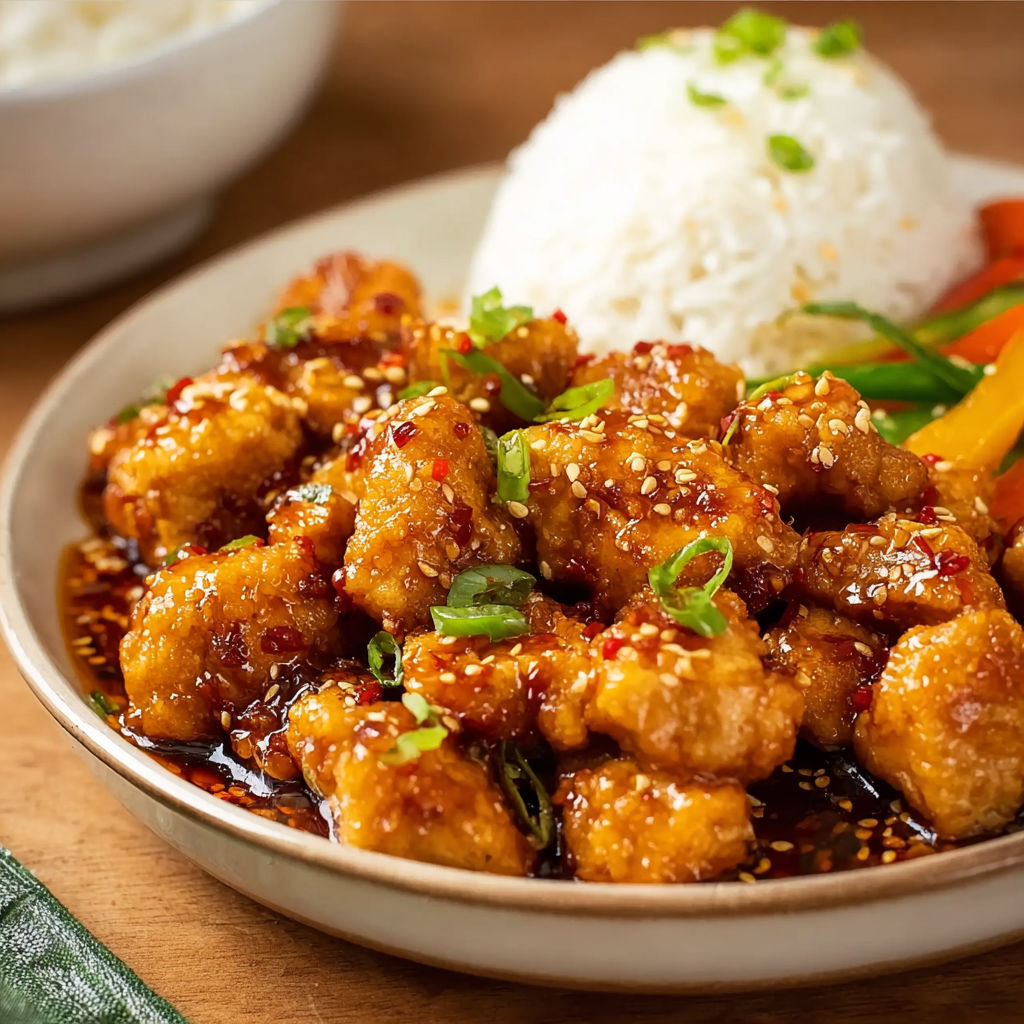 A plate of Sweet Chili Chicken with rice and vegetables.