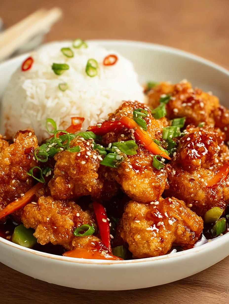 A bowl of Sweet Chili Chicken.