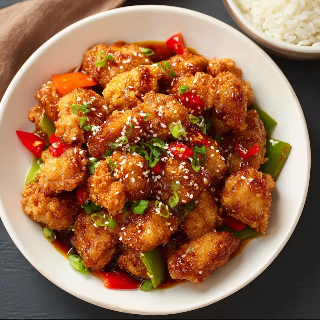A bowl of Sweet Chili Chicken.