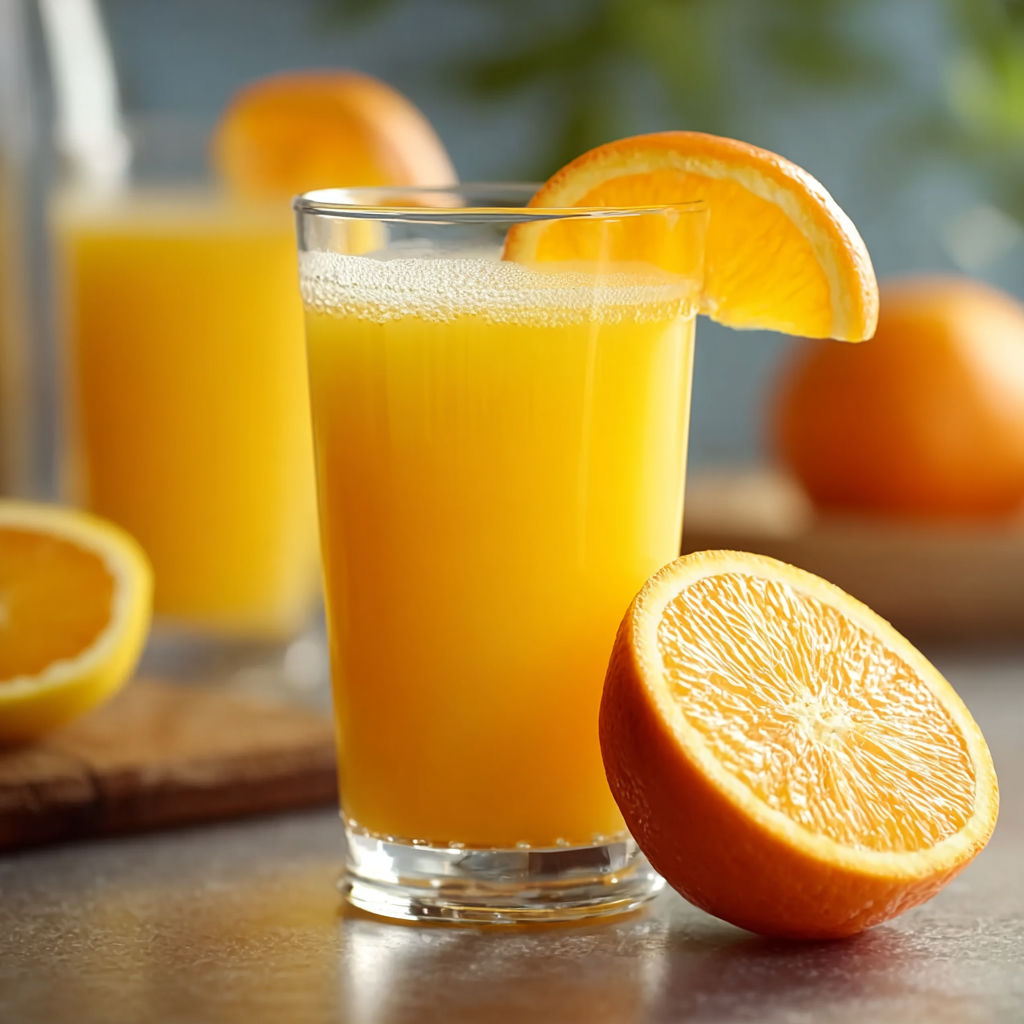 A glass of orange juice with a slice of orange on the side.