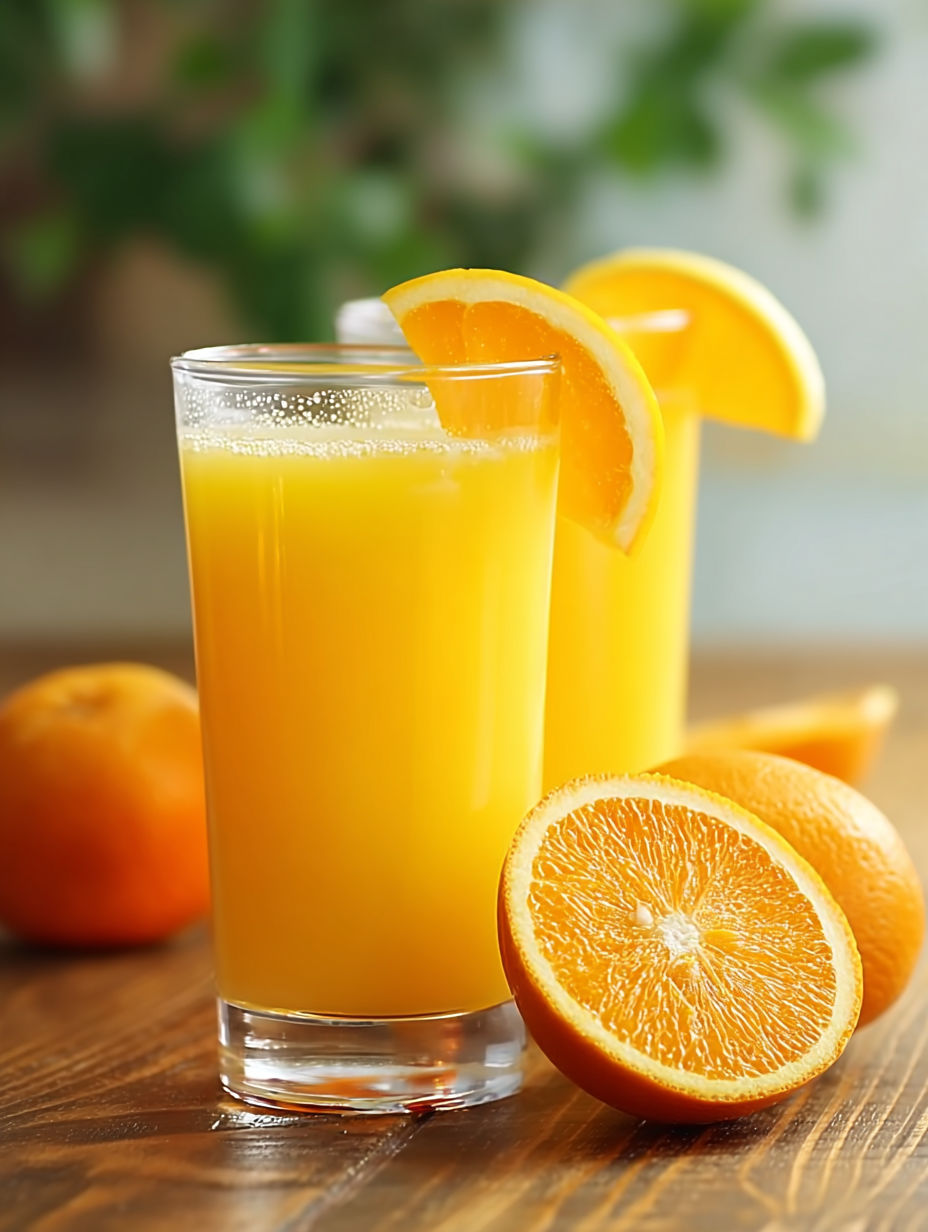 A glass of orange juice with a slice of orange on the side.