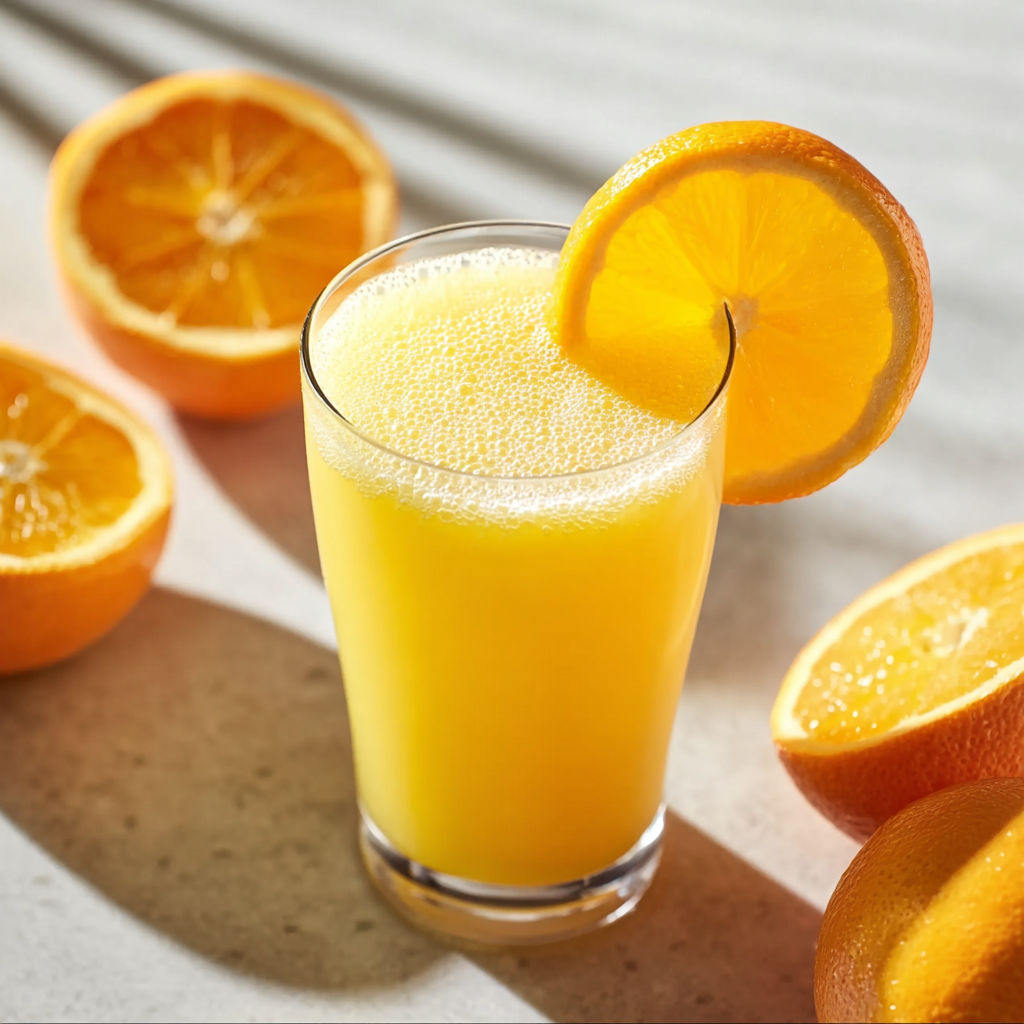 A glass of orange juice with a slice of orange on top.