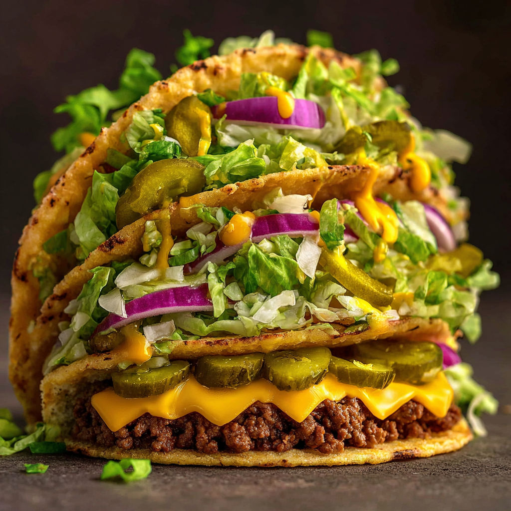 A large burger with lettuce, onions, and pickles.