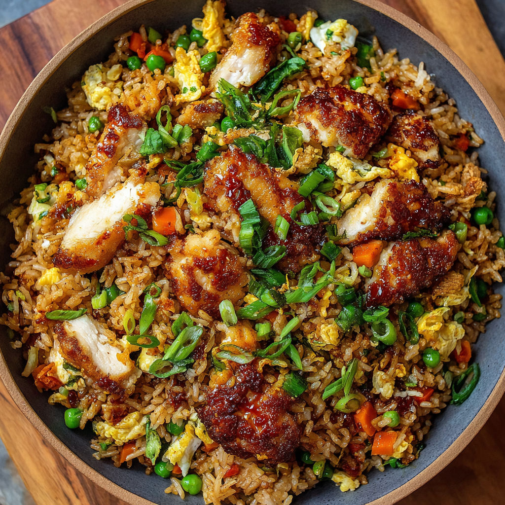 A bowl of rice with chicken and vegetables.