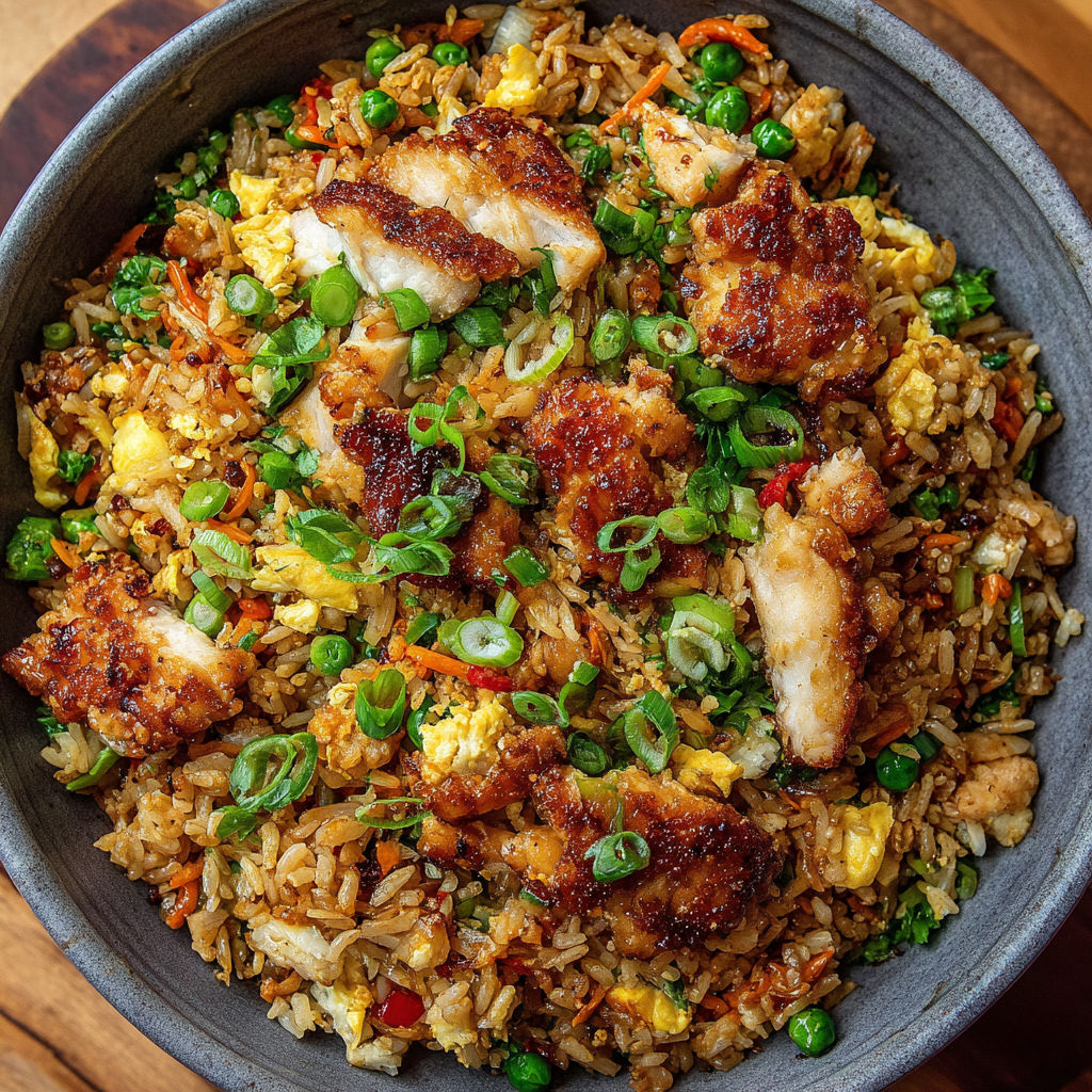 A bowl of rice with chicken and peas.