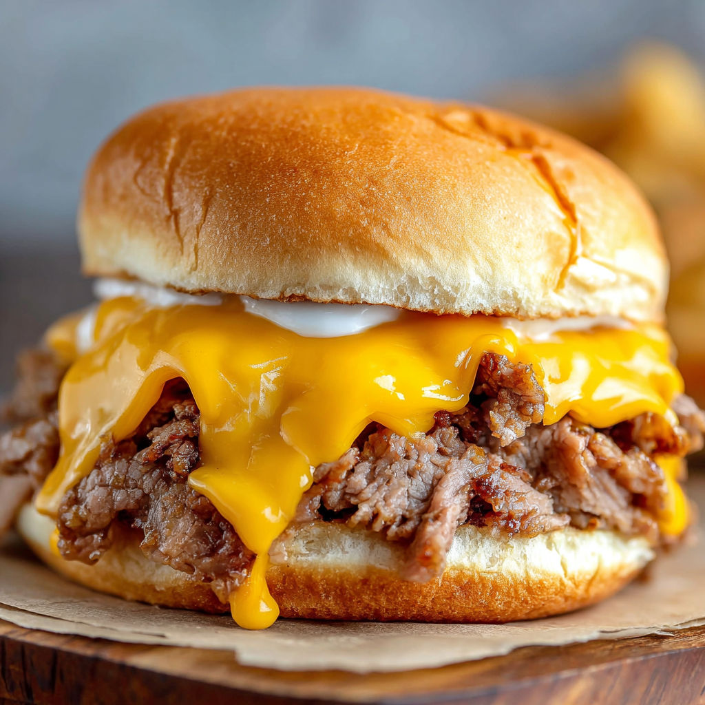 A sandwich with melted cheese and meat on a bun.