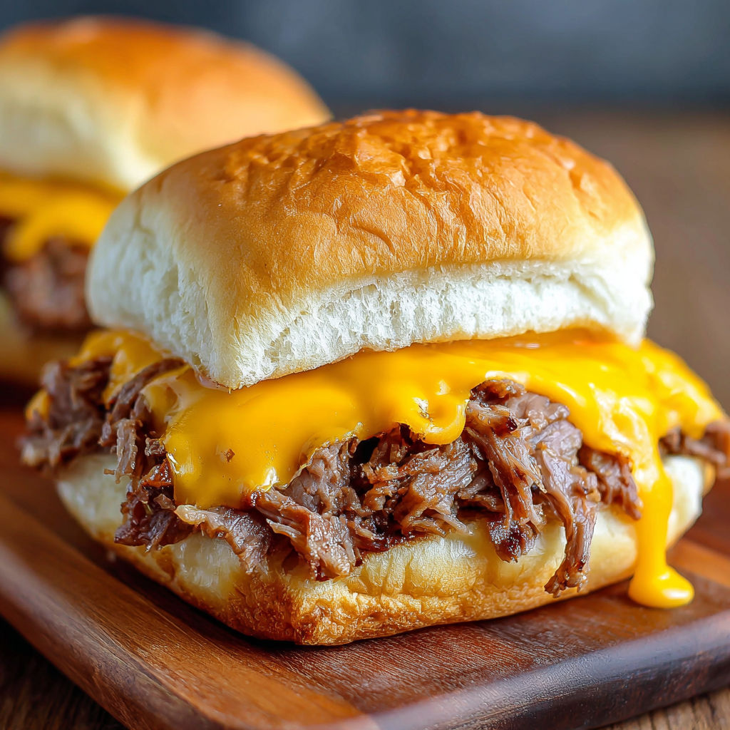 A close up of a sandwich with cheese and meat.