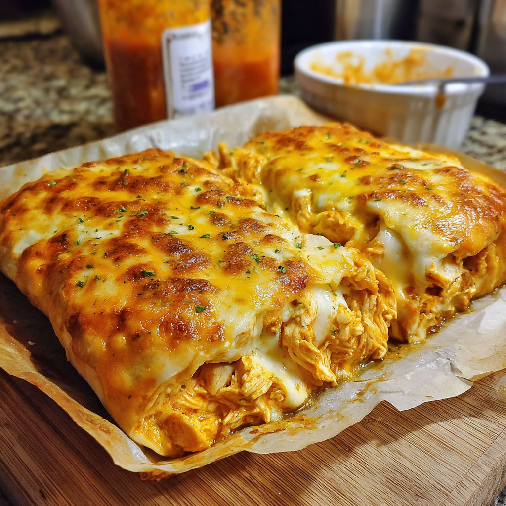 A slice of buffalo chicken on a cutting board.