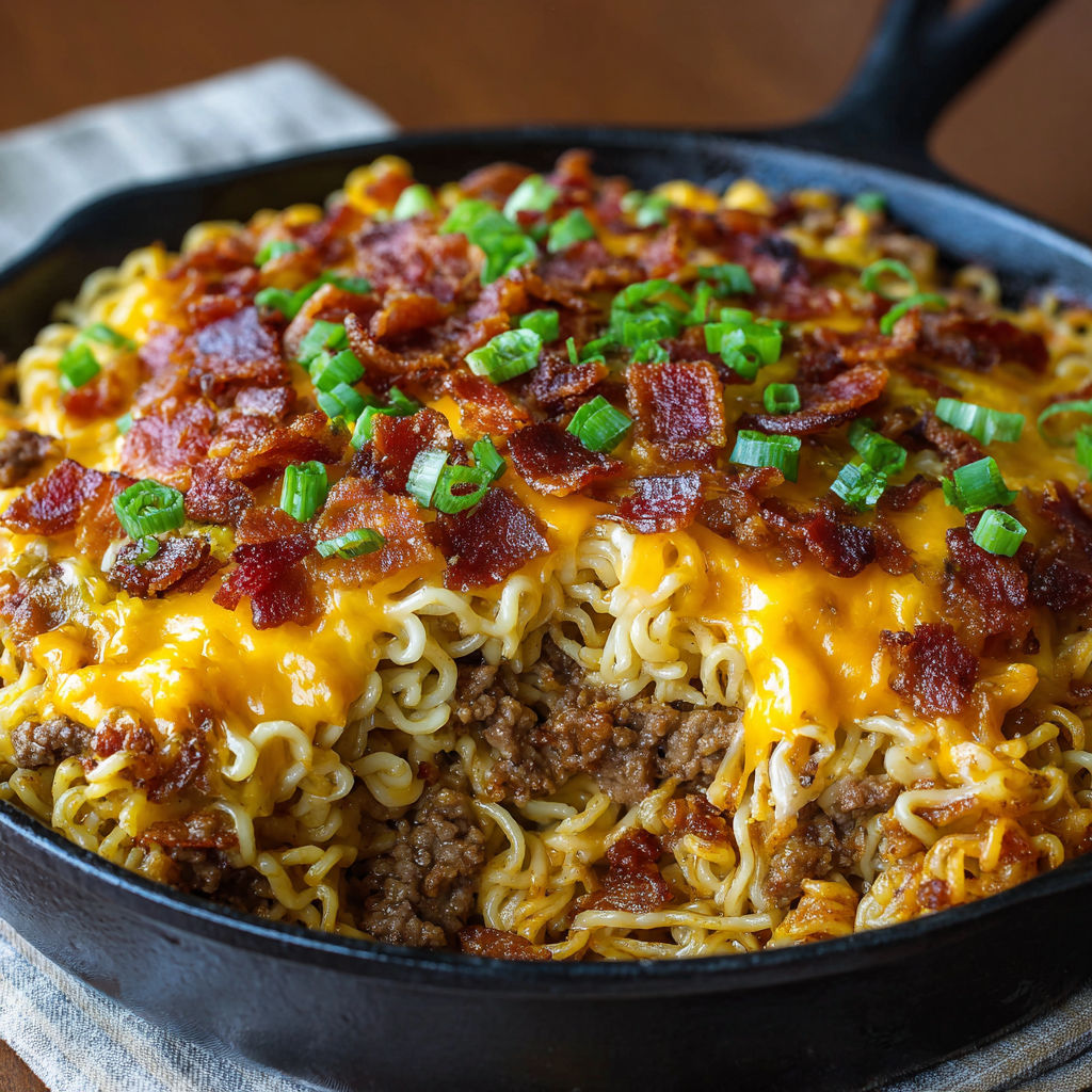 A plate of food with bacon and noodles.