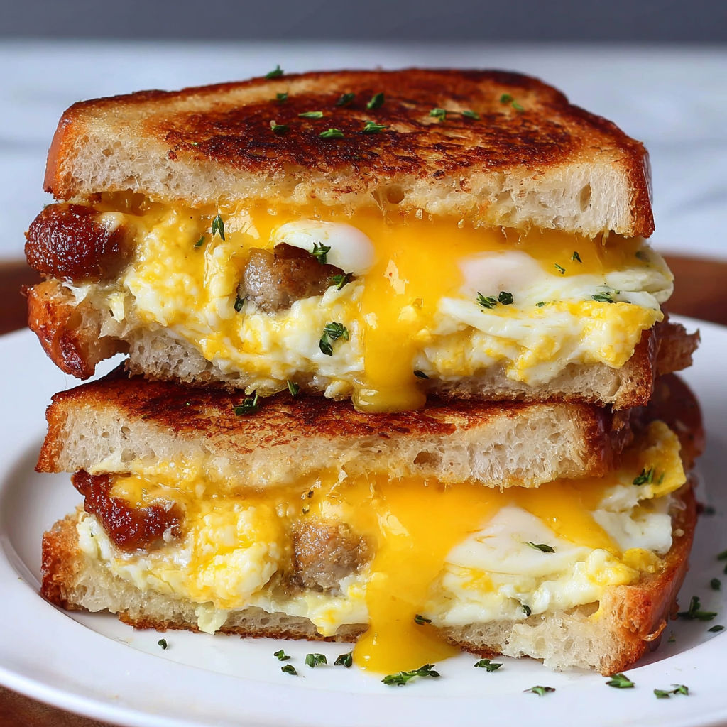 A breakfast sandwich with eggs, cheese, and sausage.