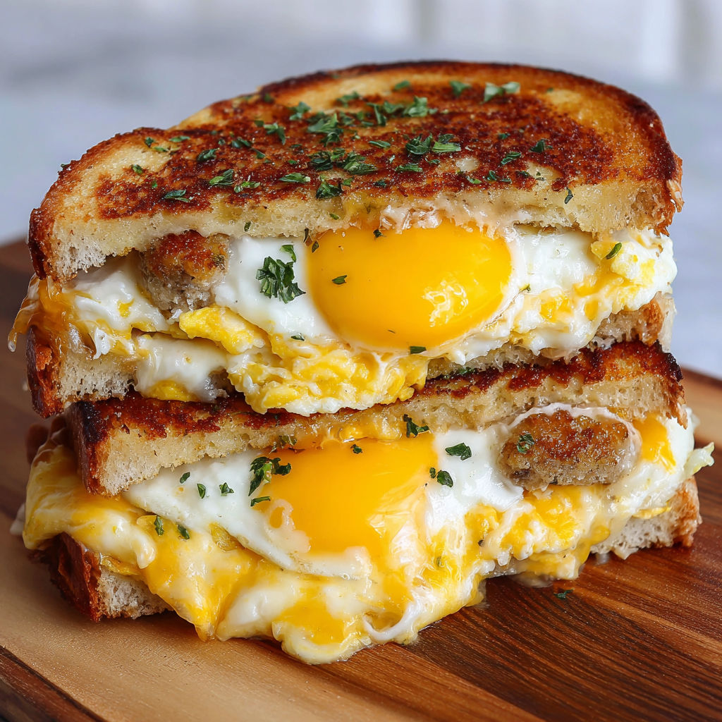 A breakfast sandwich with eggs and sausage.