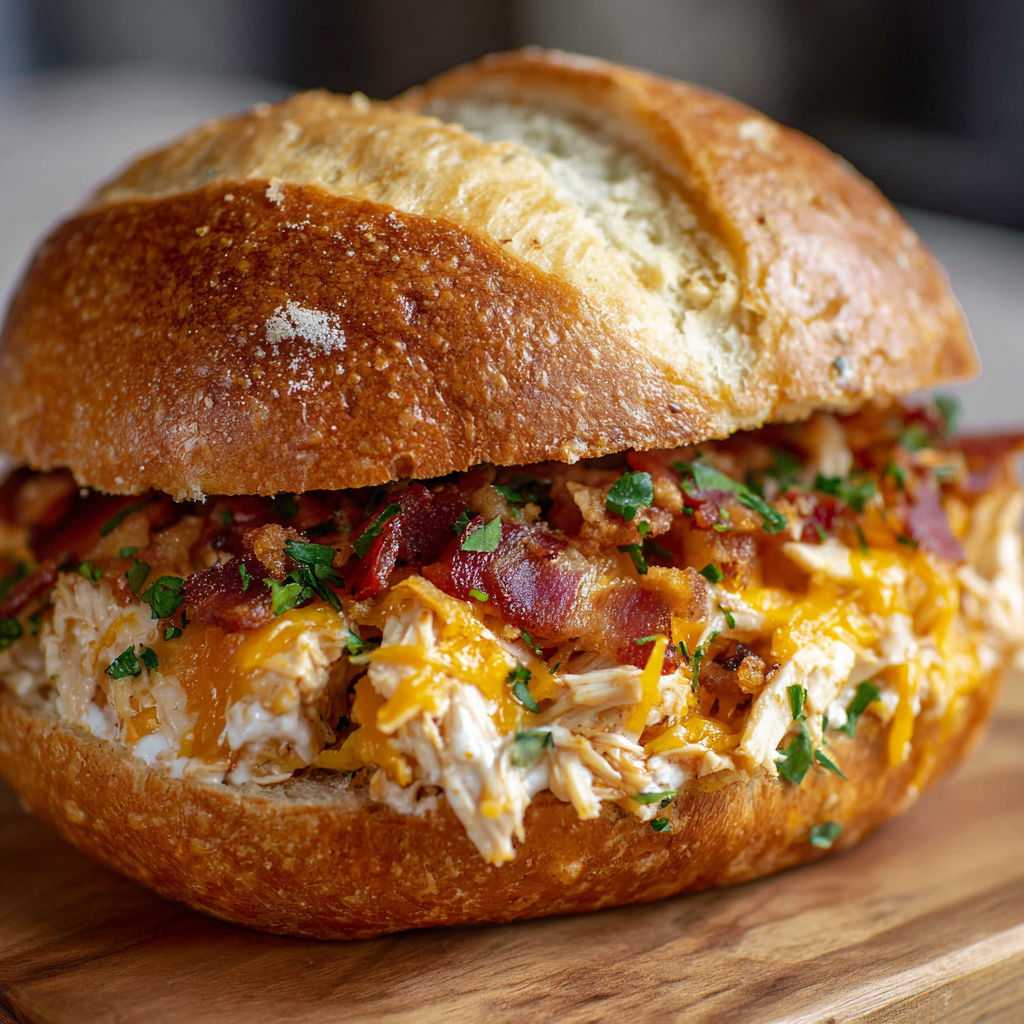 A sandwich with bacon, lettuce, and cheese.