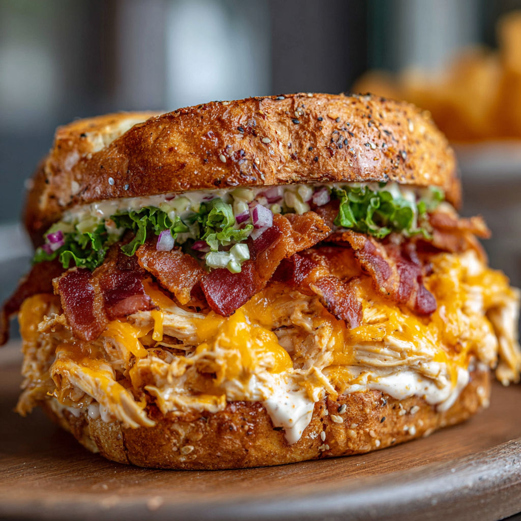 A sandwich with bacon, lettuce, tomato, and cheese.