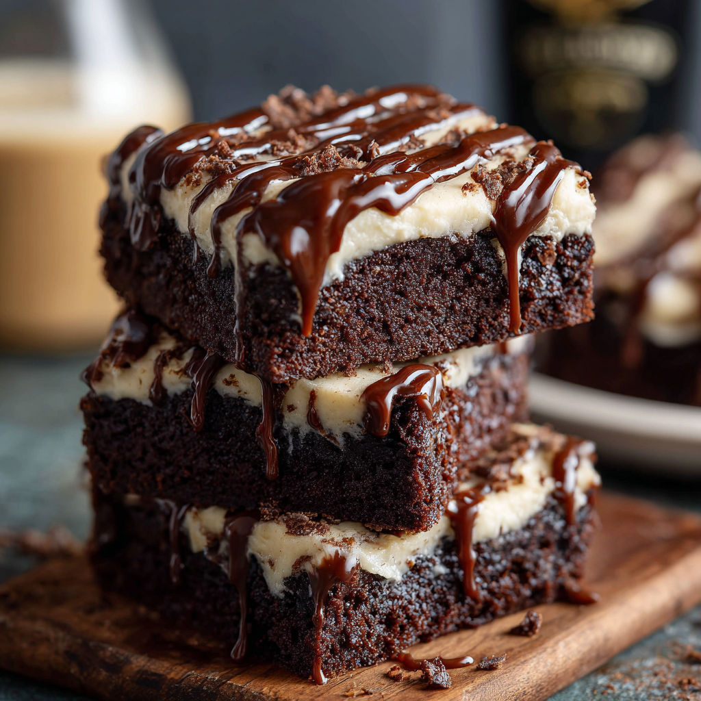 A stack of chocolate cake with chocolate icing and drizzled with Baileys.