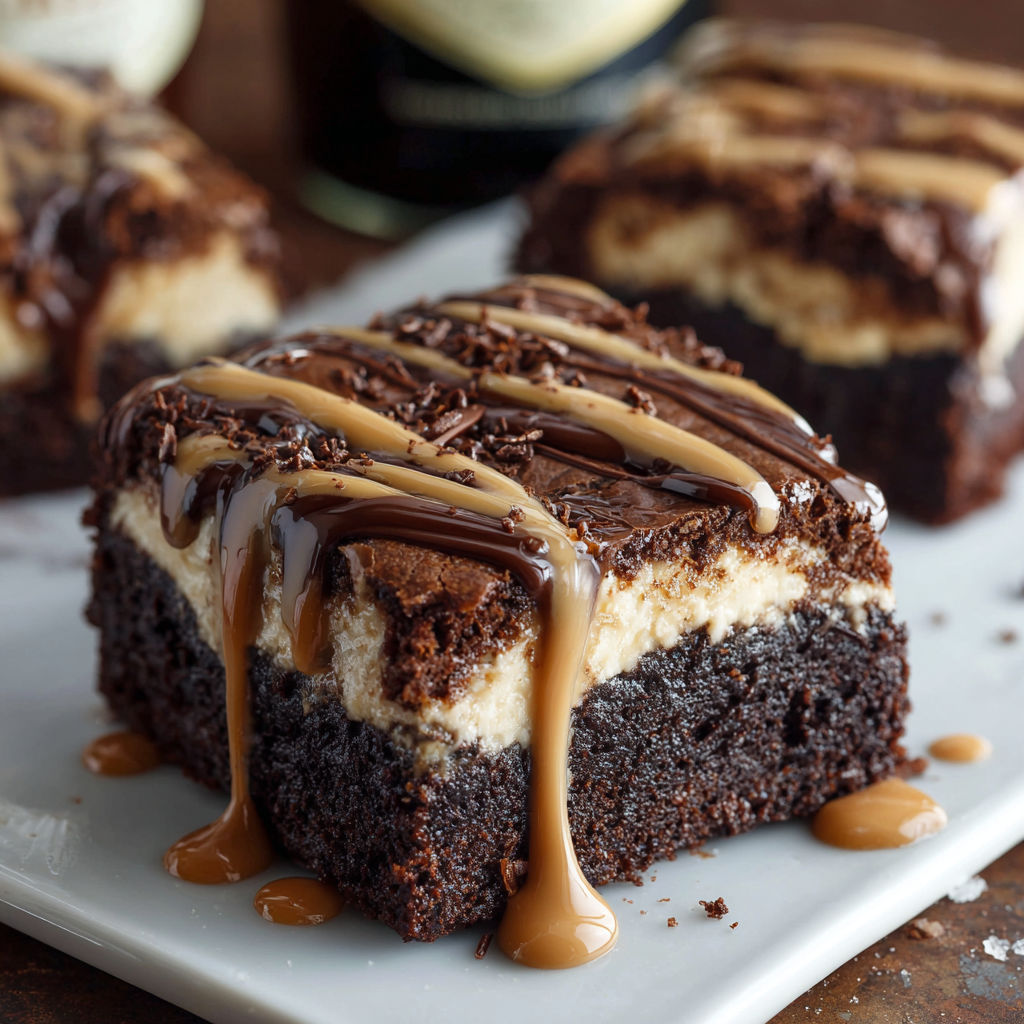 A slice of chocolate cake with caramel drizzle.