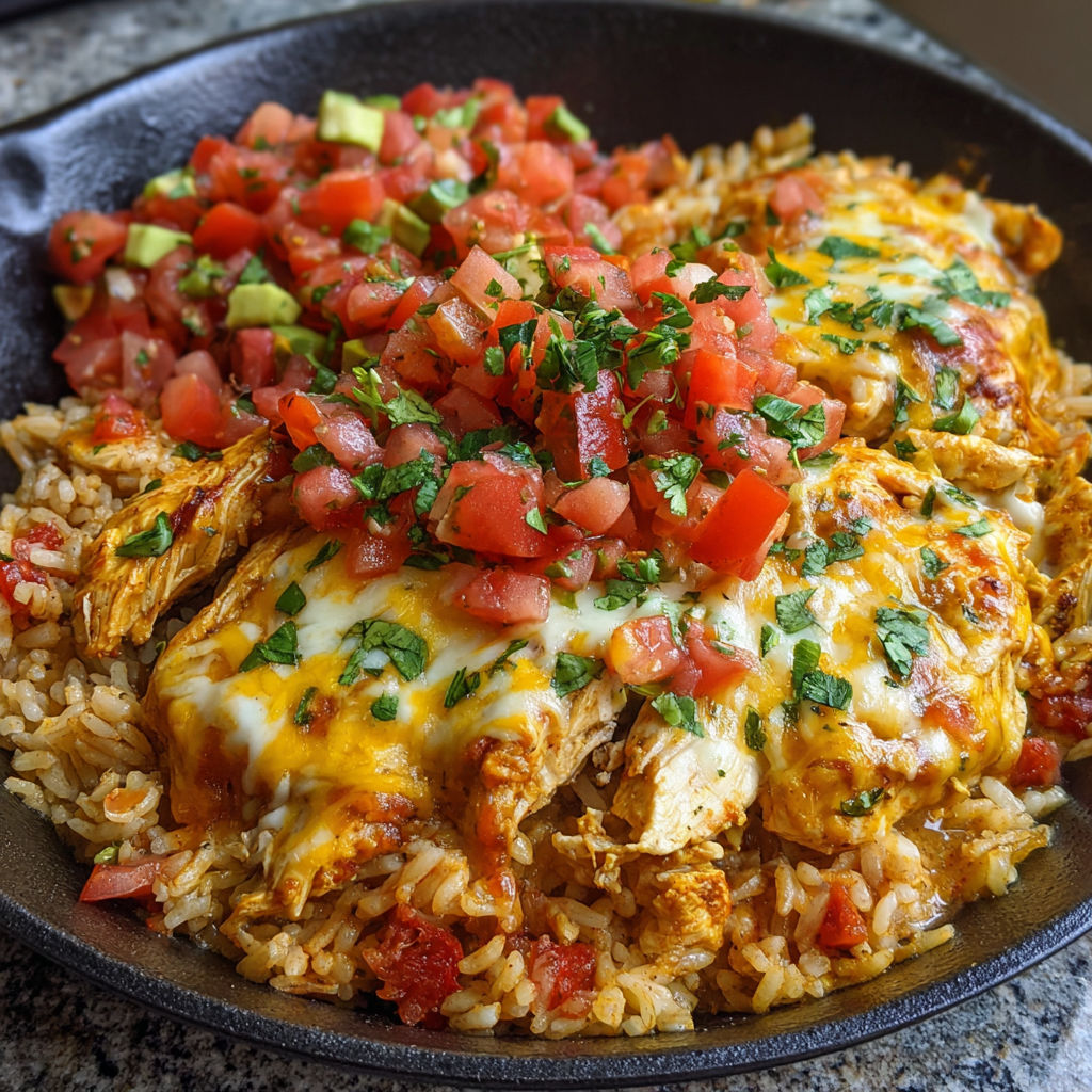 A plate of food with rice and tomatoes.