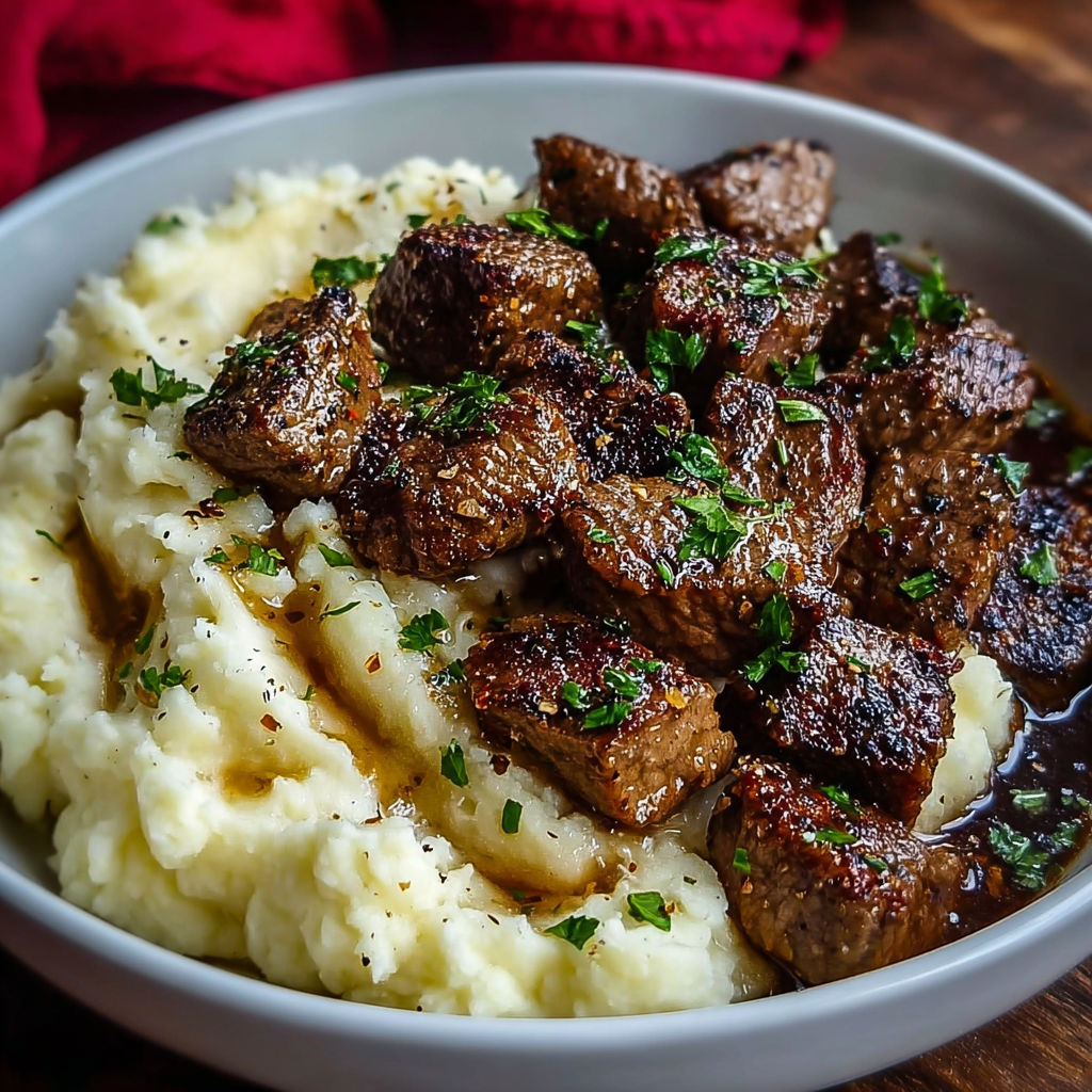 A bowl of meat and potatoes with garlic.