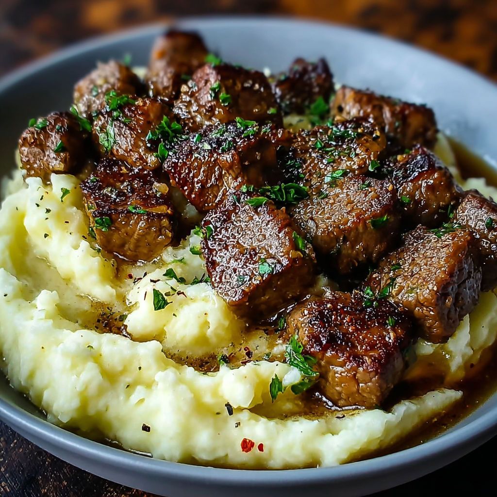 A bowl of meat and potatoes with garlic.