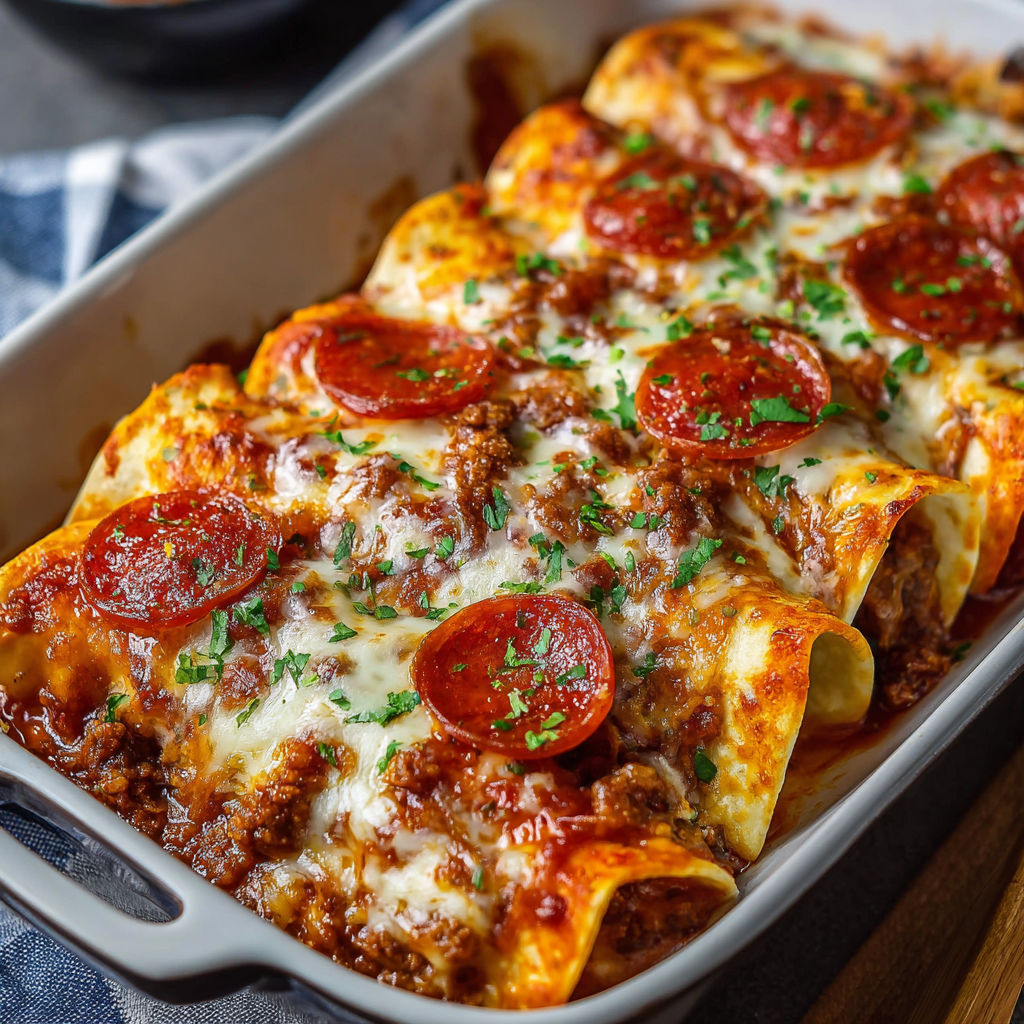 A pan of food with pepperoni and cheese.