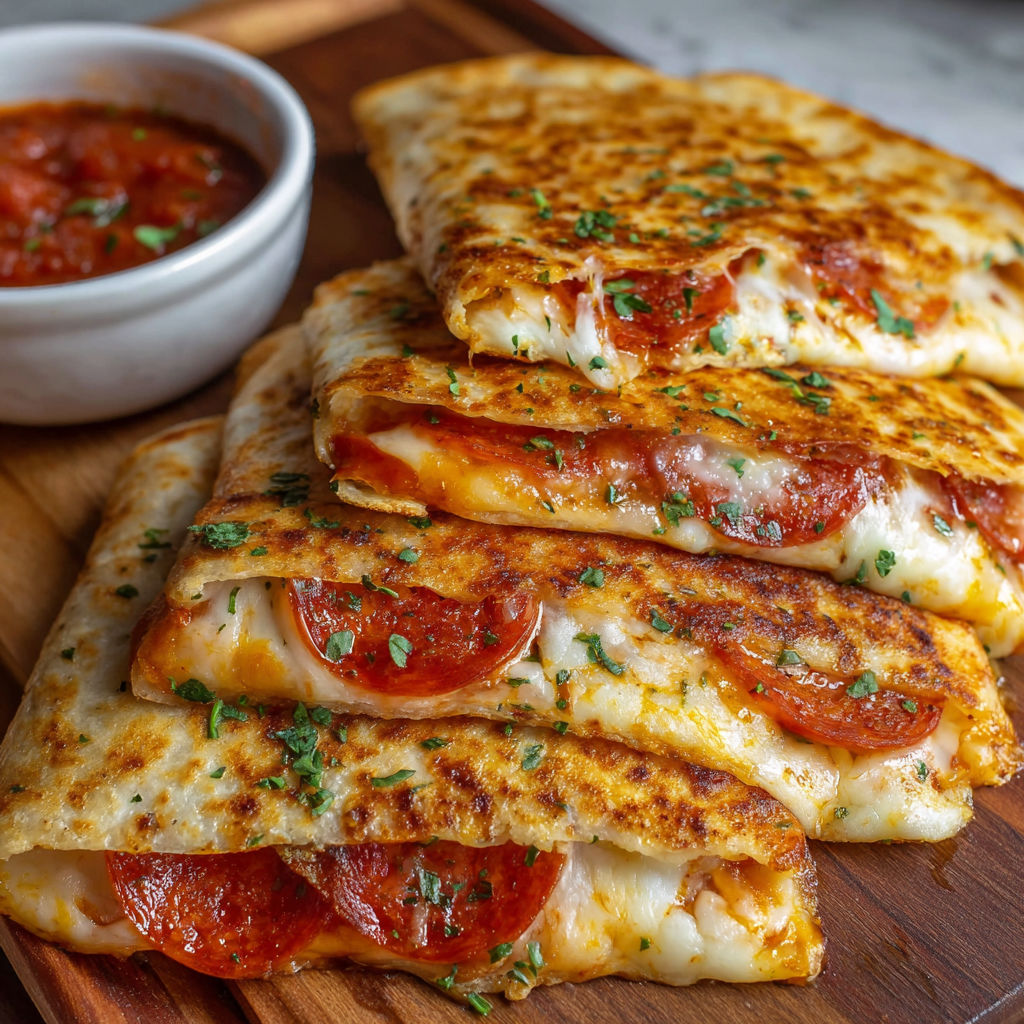 A stack of pizza slices with tomato sauce.