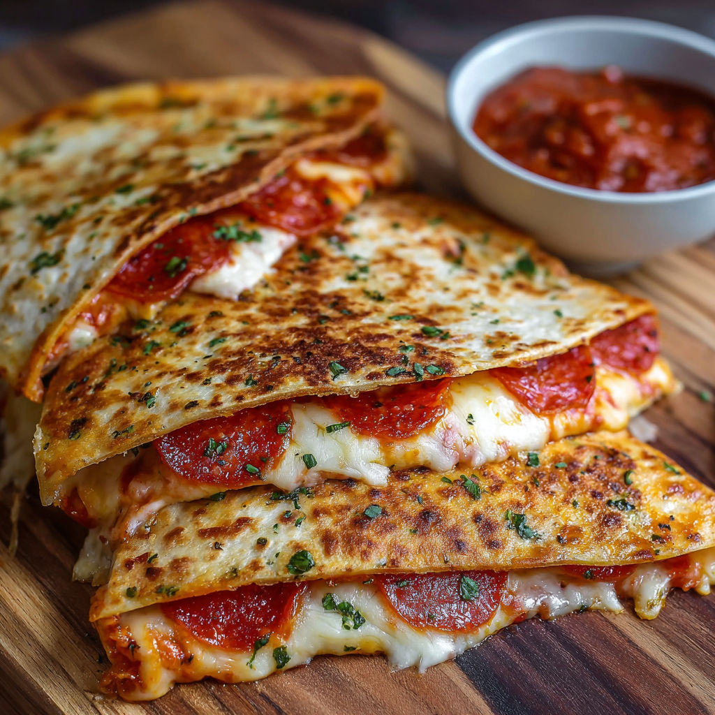 A pizza with cheese and pepperoni on a wooden cutting board.