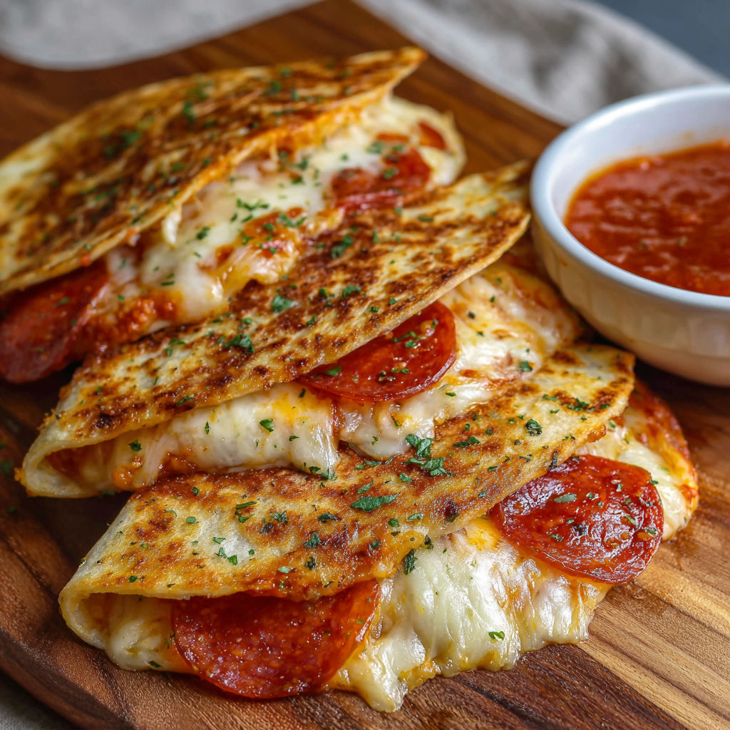 A stack of pizza slices on a wooden cutting board.