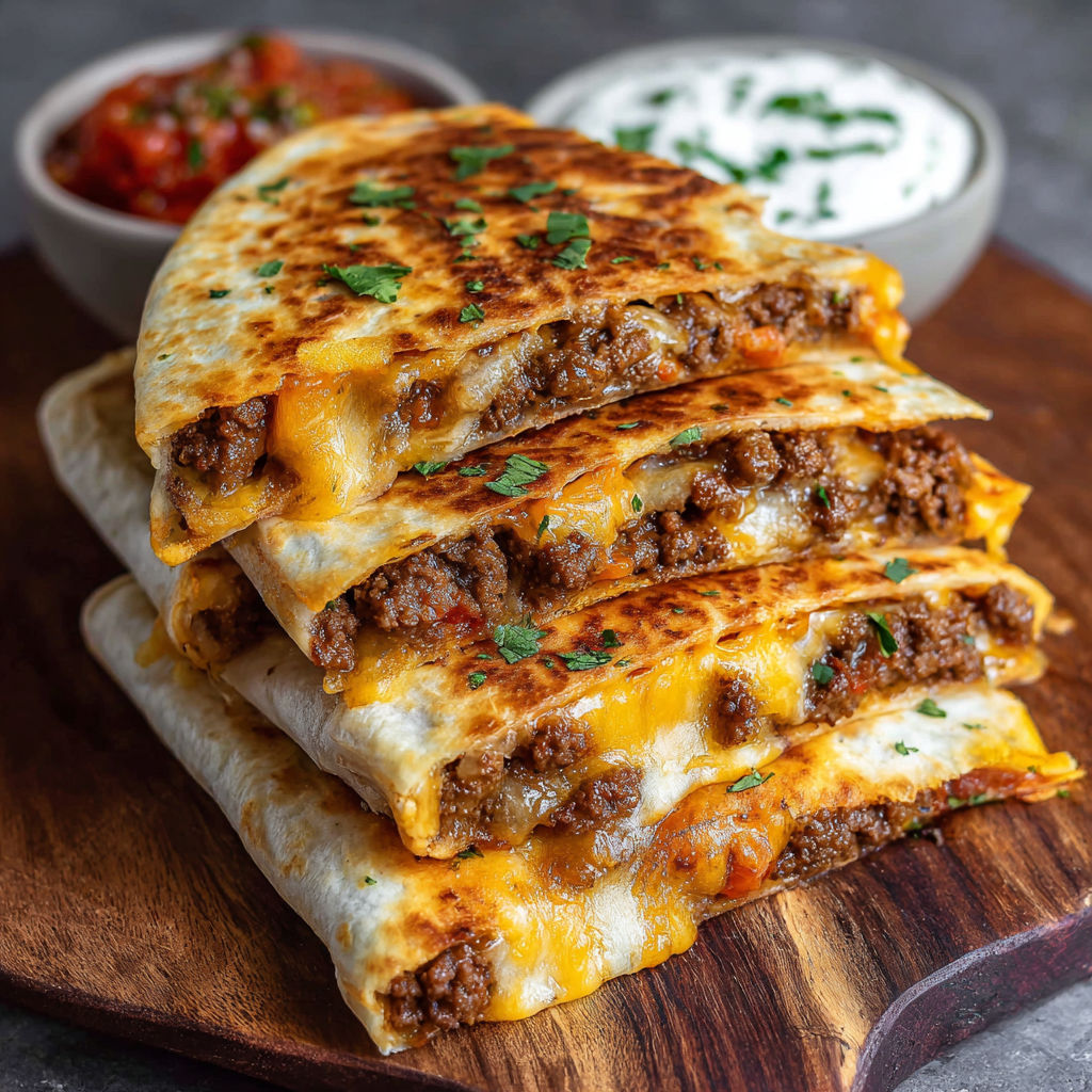 A stack of burritos with cheese and meat.