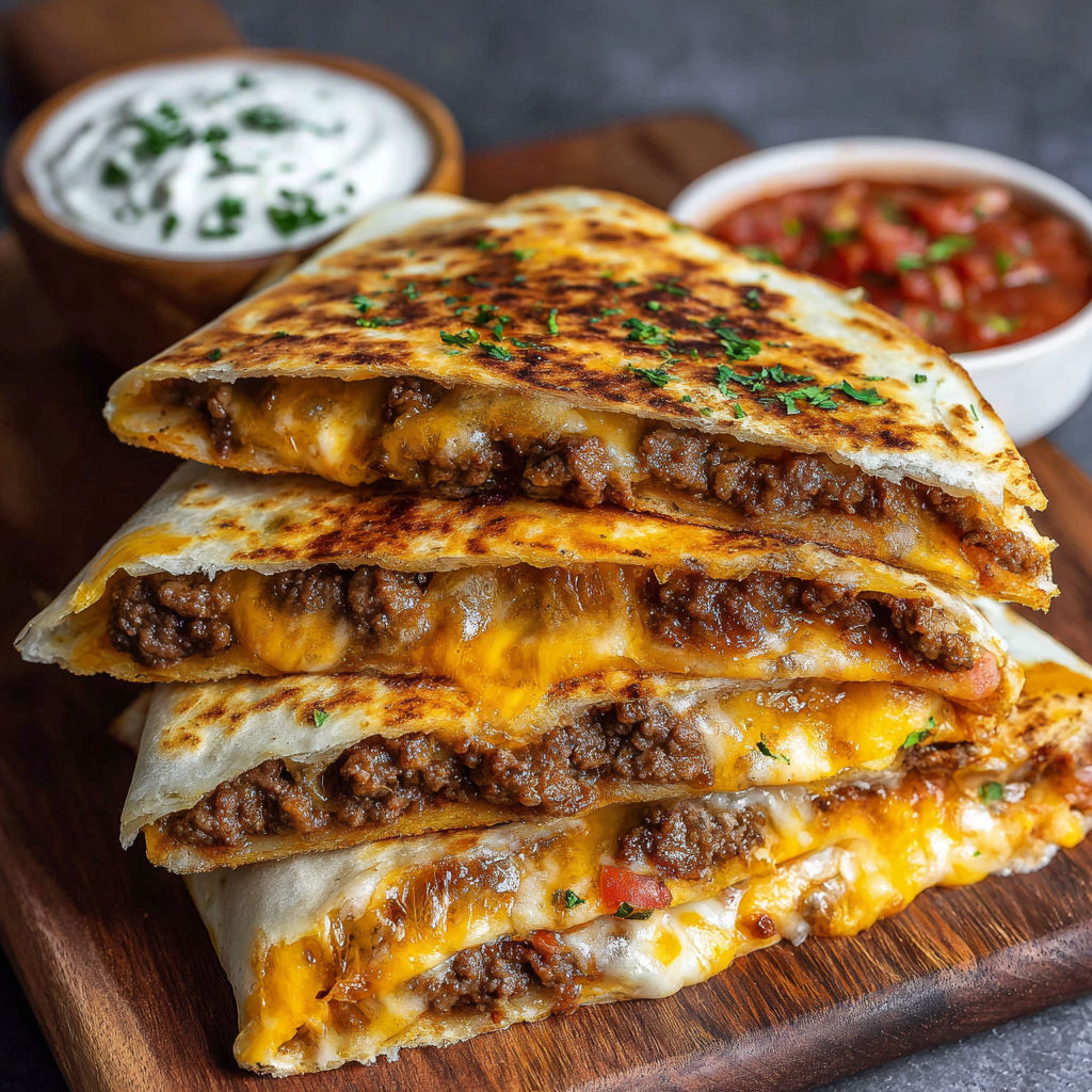 A stack of three quesadillas on a wooden cutting board.