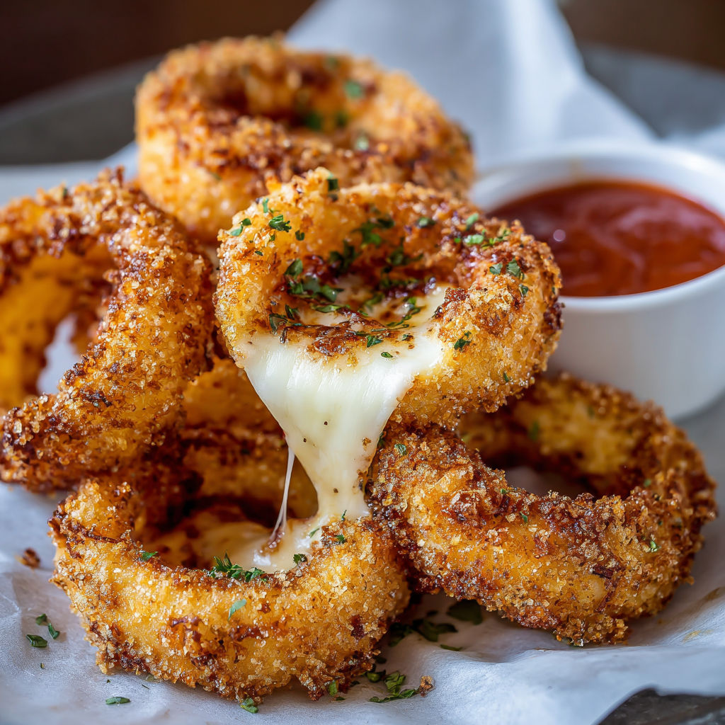 Cheesy onion rings on a plate.
