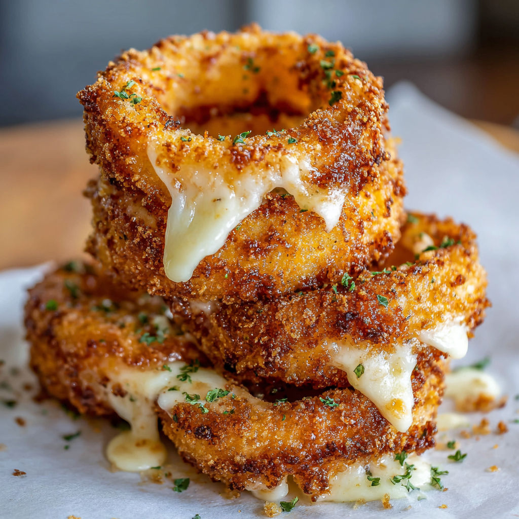 A stack of cheesy onion rings.