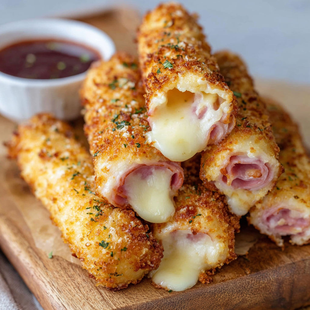 Baked chicken sticks with cheese and bacon.