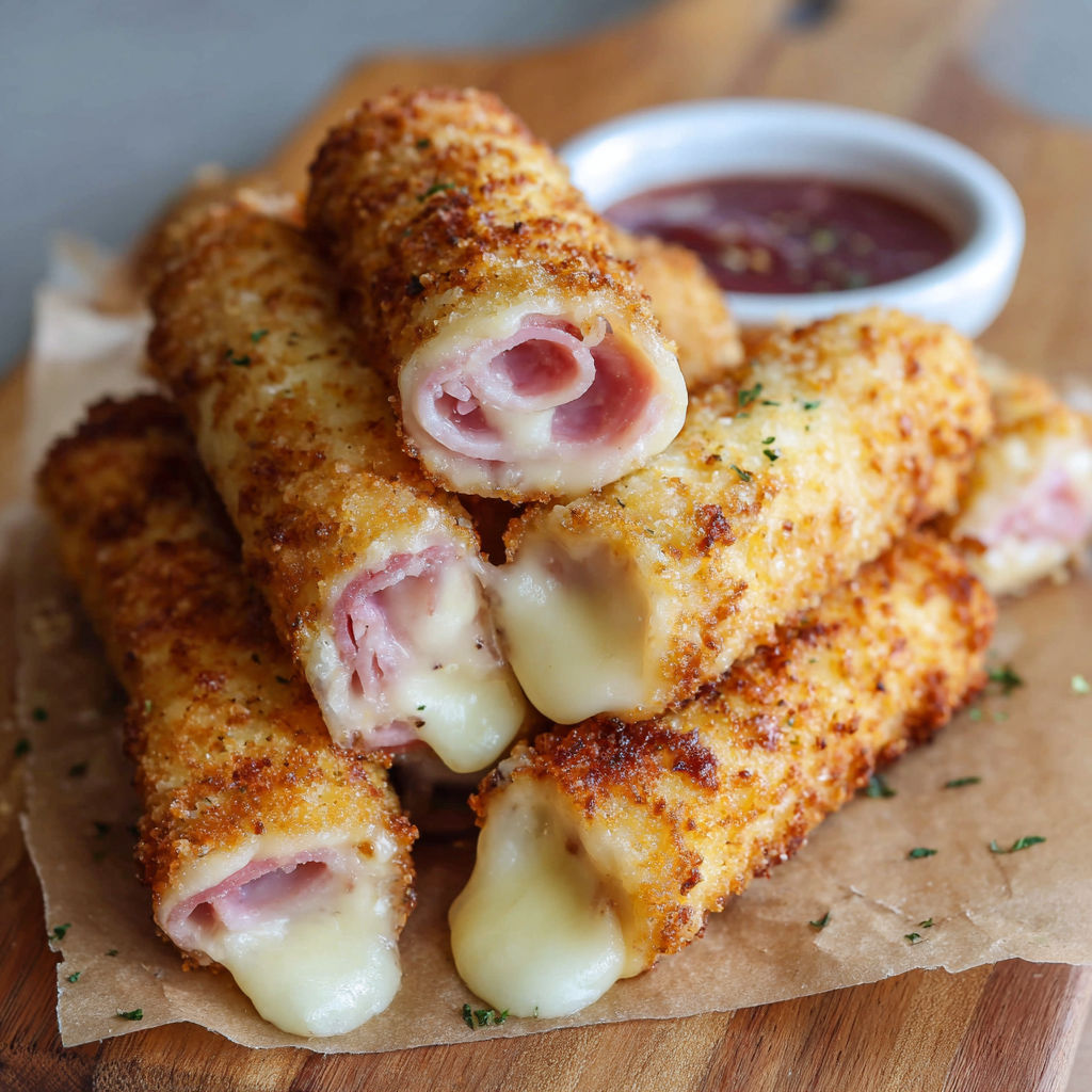 Baked chicken sticks with cheese.