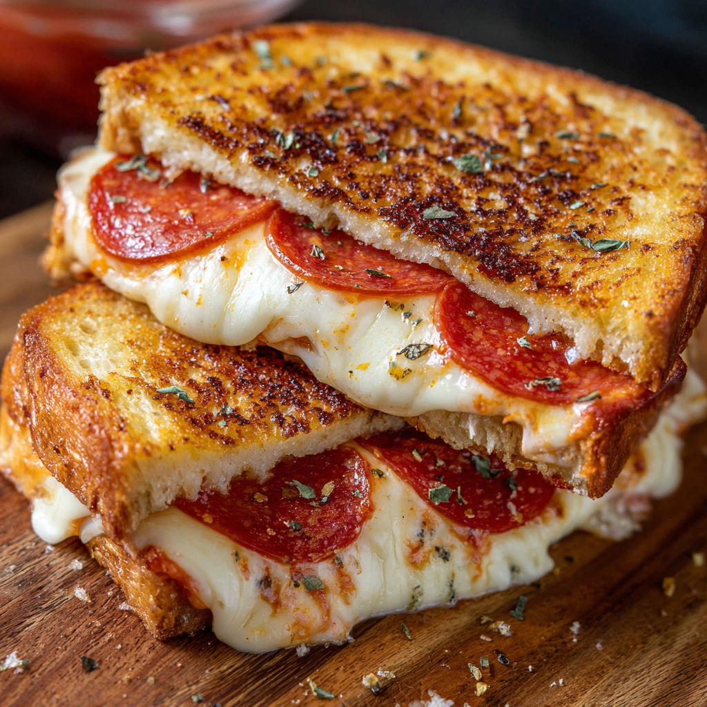A pepperoni sandwich on a wooden table.
