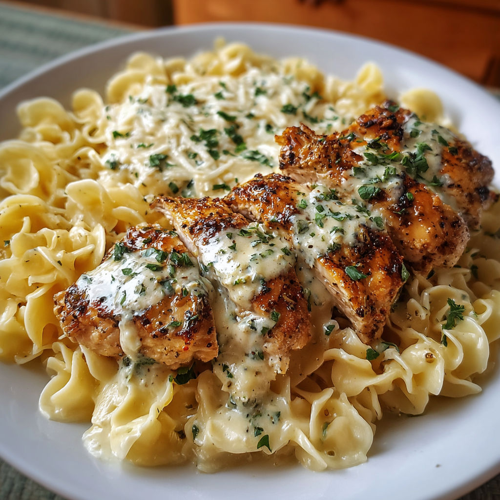 A plate of food with chicken and noodles.