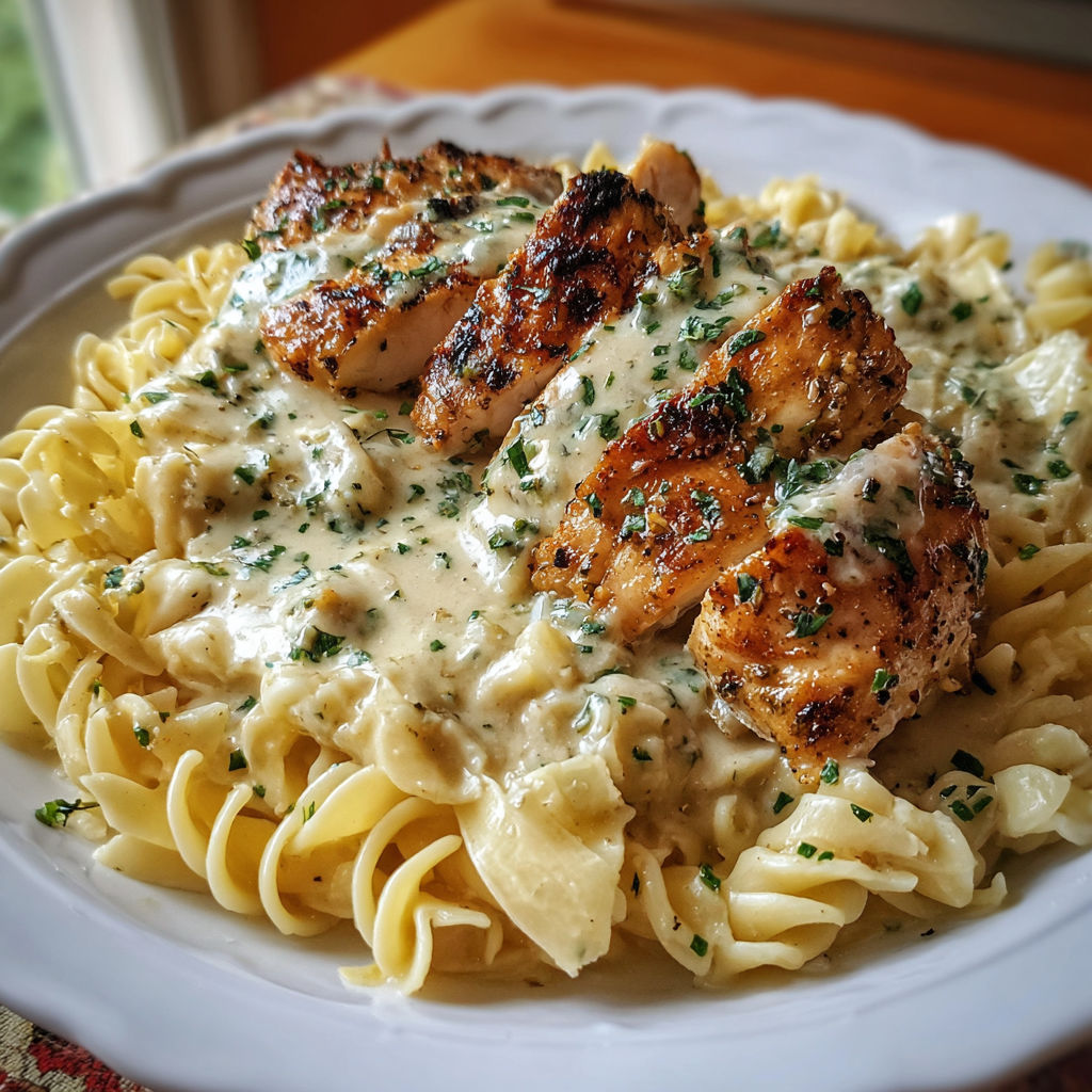A plate of food with chicken and noodles.