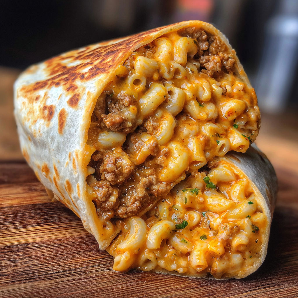 A sloppy burrito with macaroni and meat.