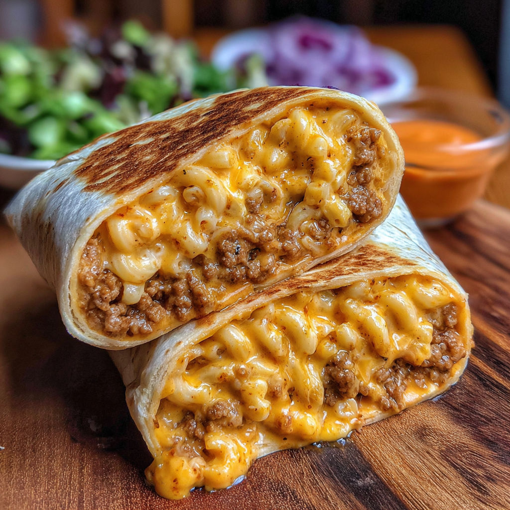 A sloppy burrito with macaroni and cheese.