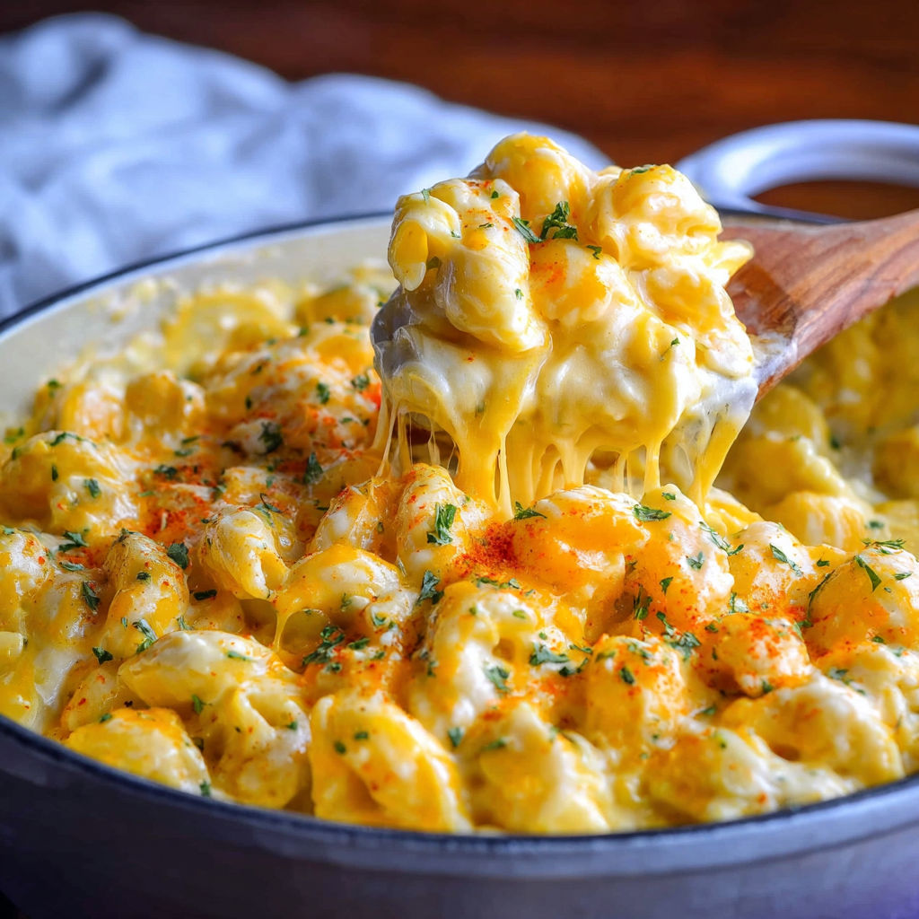 A bowl of macaroni and cheese with a spoon in it.